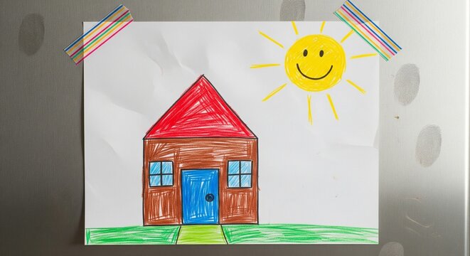 A colorful crayon drawing of a brown house with a red roof and a smiling sun, taped to a metallic surface like a fridge.