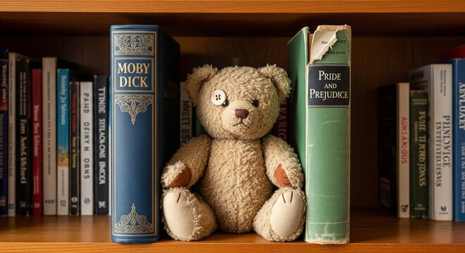 A fluffy teddy bear wearing a monocle sitting on a wooden bookshelf between classic books "Moby Dick" and "Pride and Prejudice."