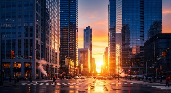 City buildings sunset urban scene