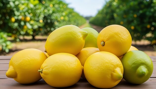 Kumpulan lemon kuning segar tersusun rapi di atas meja kayu dengan latar kebun melambangkan pertanian organik berkelanjutan