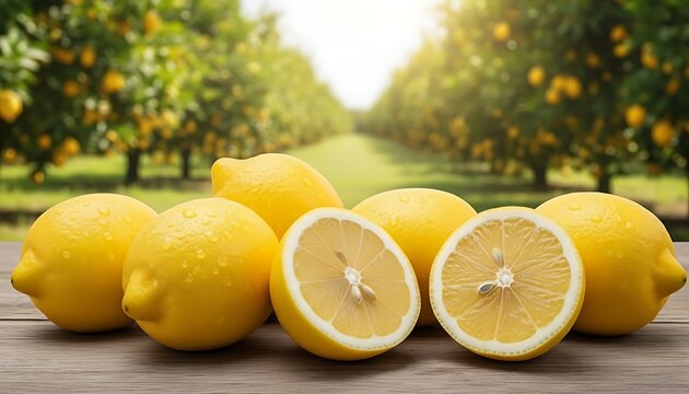 Potongan buah lemon kuning berair memantulkan cahaya matahari di meja kayu perkebunan melambangkan kesegaran dan vitalitas hidup