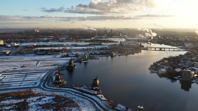 Aerial Sunset View of Historic Windmills at Zaanse Schans Netherlands