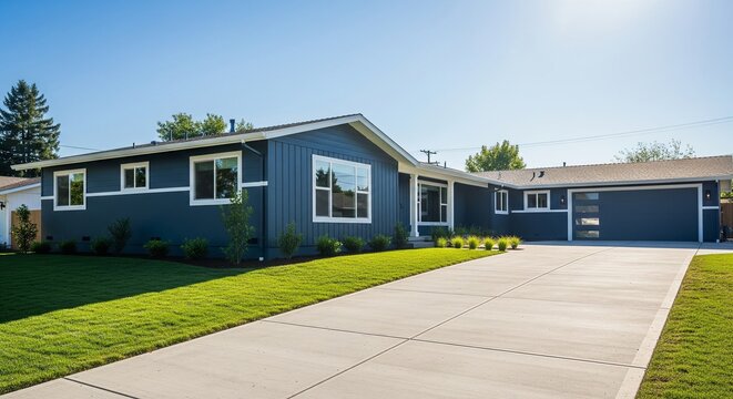 Single story blue ranch house with long driveway.