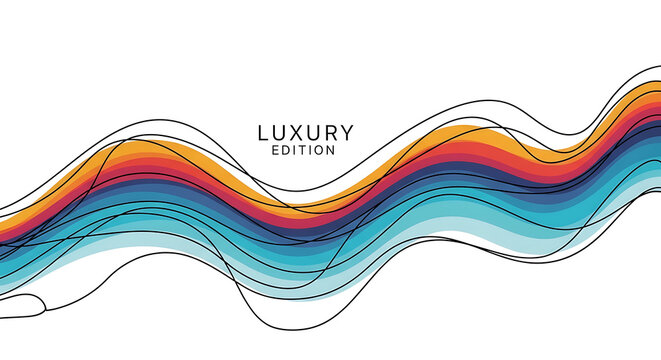 Abstract wavy colorful lines in spectrum of warm to cool colors, luxury concept, detailed graphic pattern with dotted and dashed overlays