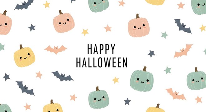 Seamless pattern with cute pastel pumpkins, bats, and stars, happy halloween greeting card design, isolated on white background