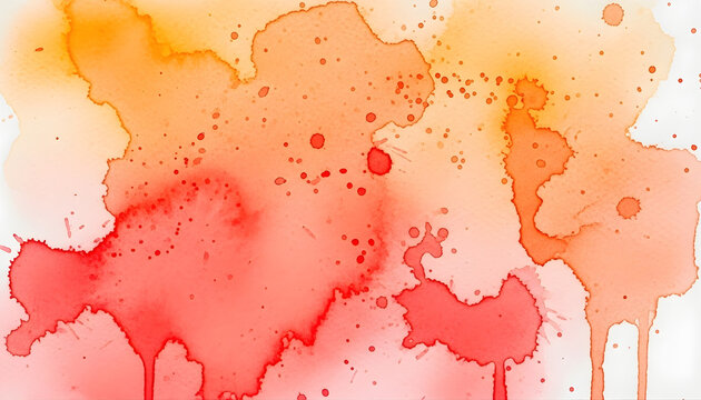 Warm orange and red watercolor paint splashes on white paper texture creating expressive artistic background with liquid drips and blots.