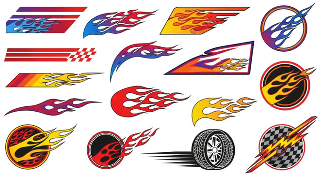 Collection of racing flame decals and graphics for vehicles.