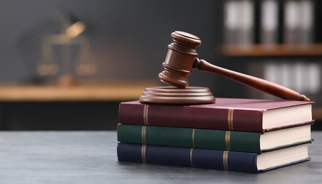 A Wooden Judge's Gavel Rests on a Stack of Law Books in a Professional Courtroom Setting.