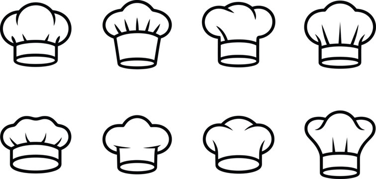 Collection of eight different chef hats outlined in black on a white background representing culinary professions