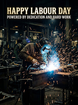Labour day worker welding sparks in industrial setting celebrating hard work and dedication