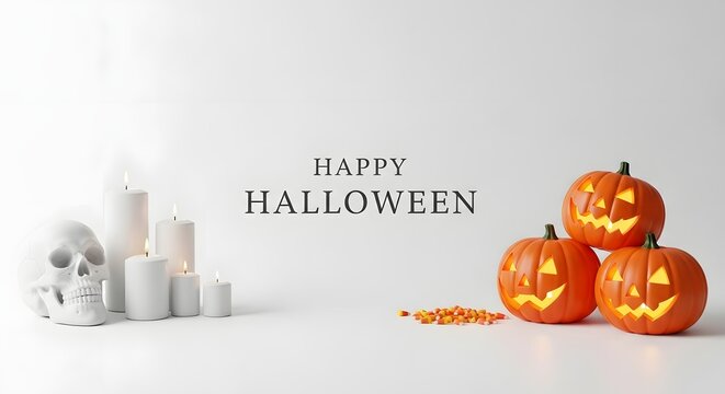 Halloween background with pumpkins, skull, candles and candy corn isolated on white background