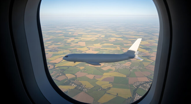 Airplane flying over patchwork farmland, view from window seat, travel and aviation concept