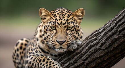 Fototapeta premium Majestic leopard resting on tree branch in natural habitat