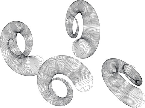 3d wire frame abstract spiral shapes on transparent background