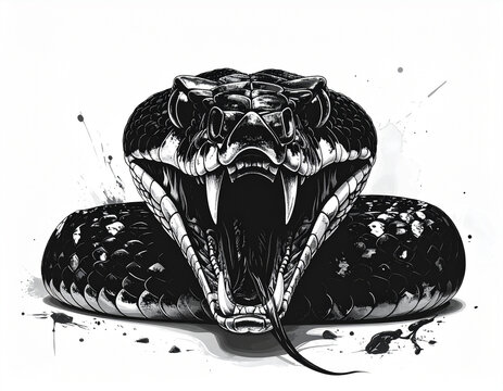Aggressive black snake with fangs showing in ink style.