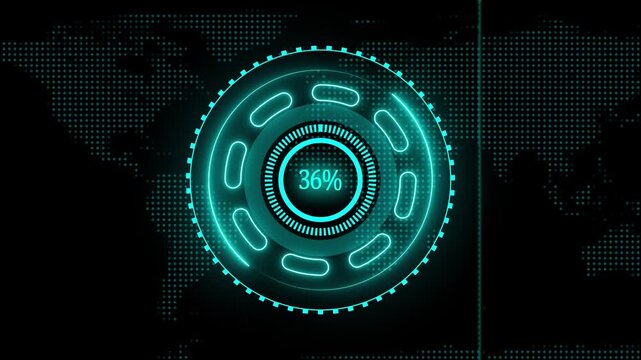 Circular loading bar with percentage counter on world map map. Circular loading bar with percentage counter global data. Circular loading bar with percentage counter status.