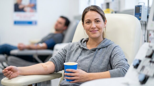 Female patient with happy mood recovering from giving blood representing a donor after donation with pride and relief against a clinic background