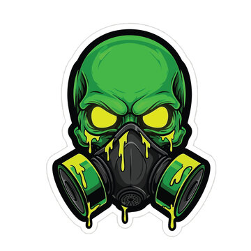 Green skull gas mask sticker, toxic zombie head, yellow eyes, vector illustration, grunge style
