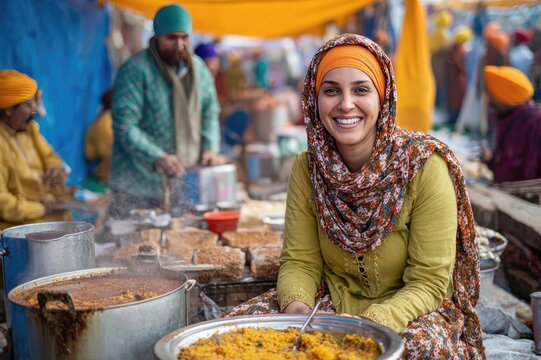 Sikh woman serving langar meal with warm smile during Vaisakhi