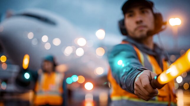 Ground crew guiding commercial airplane with illuminated batons on airport apron at dusk