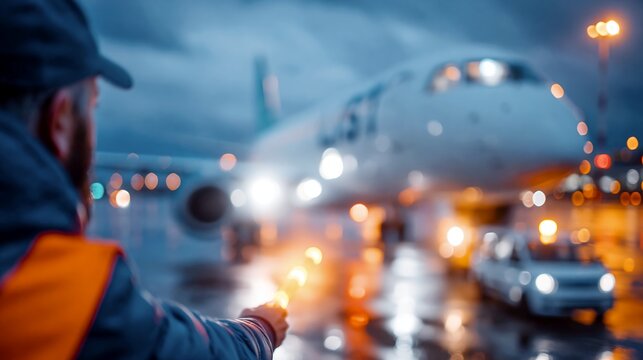 Ground crew marshalling passenger aircraft at dusk with illuminated wand and bokeh lights