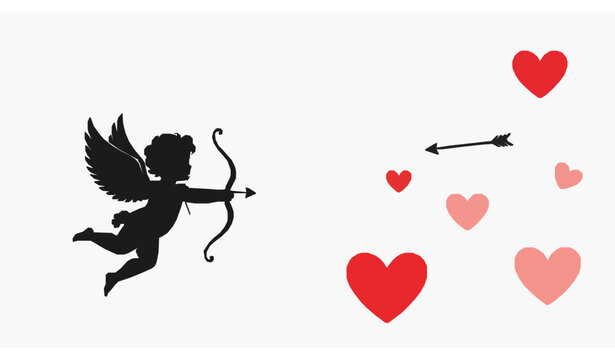 Cupid silhouette vector illustration hearts love romance Valentine icon set