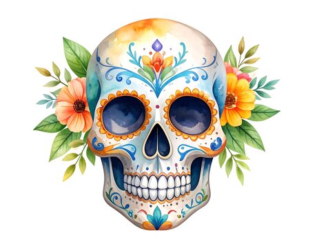 Day of the Dead Sugar Skull with Flowers and Leaves.