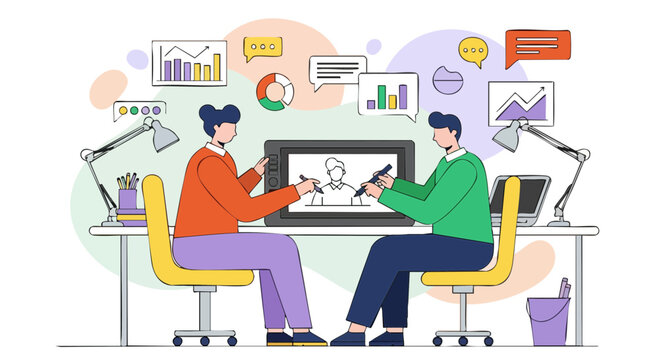 Creative Team of Digital Artists Working on Illustration Project