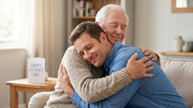 Elderly gentleman and younger guy with an affectionate mood embracing each other against a bright living area background, adult children father hug meeting concept