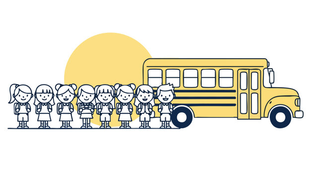 School Children Queueing to Board a Yellow School Bus Illustration