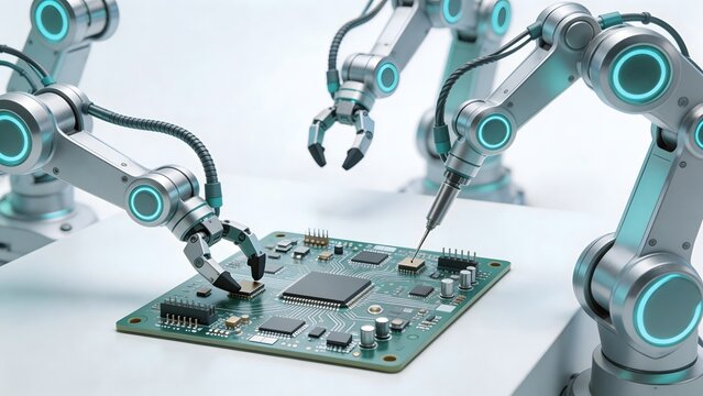 Robotic arms assembling circuit board