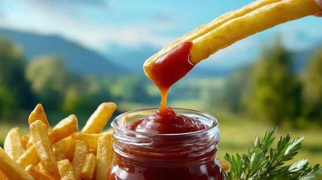 Fries are dipped into jar of ketchup in outdoor setting. Background shows mountains and green trees. Concept of food service, fast food, snack bar