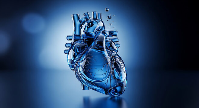 Anatomical heart illustration with detailed vessels and chambers on transparent background