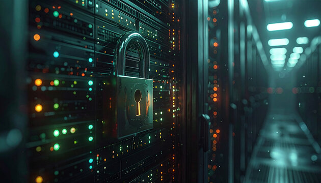 Secured Server Room: A modern data center with rows of servers, emphasizing digital security. The image captures the essence of data protection and cybersecurity.