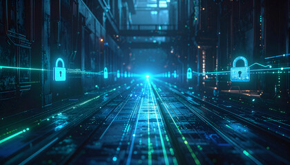 Fototapeta premium Digital Fortress: A stunning display of cyber security, with glowing digital padlocks lining a futuristic data highway. Capturing the essence of secure data and technological advancement.