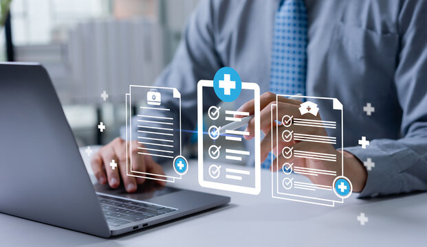 Digital medical records and healthcare automation concept featuring doctors using AI powered systems to manage patient documents, improve data accuracy, and enhance modern healthcare services.