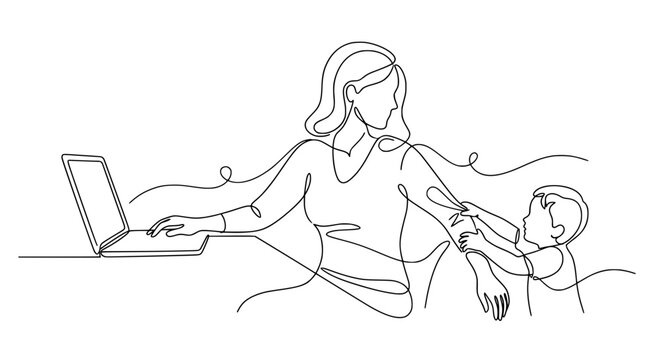 Working mother interrupted by child &ndash; stress, multitasking and family life concept