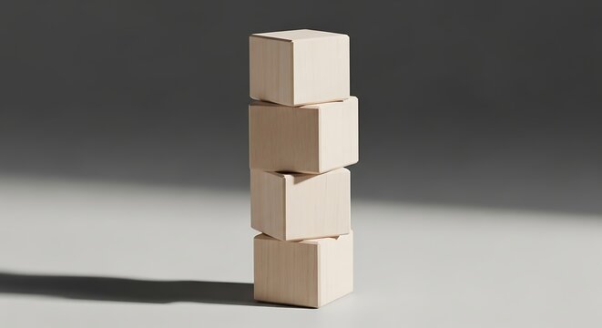 A minimalist stack of four light beige cubic blocks against a gray background