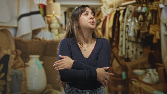 Woman with hands crossed over chest hugging herself in building filled with vintage wares and decor; anxiety.