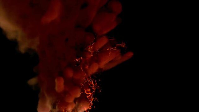 Dynamic 4K Abstract Fire Cloud Explosion Intense Red Smoke Swirls with Molten Spark Details for High-Tech Visuals
