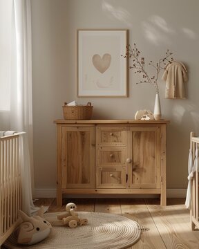 Cozy and stylish Scandinavian baby nursery with natural wooden changing table, framed heart artwork, and minimalist decor, featuring cribs and soft toys in a warm, inviting room.