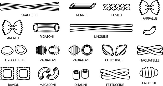 Hand drawn pasta variety a culinary collection of italian shapes and textures in black and white