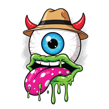 funny cartoon eye with green slime and pink tongue