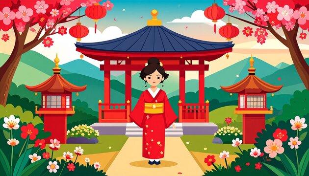 Flat style illustration of miko at Japanese shrine with cherry blossoms, Mount Fuji and traditional architecture