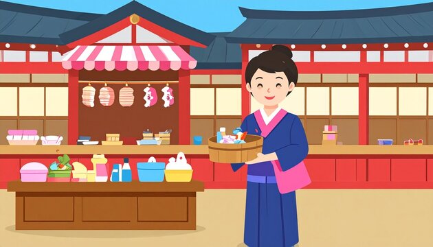 Flat style illustration of miko at Japanese shrine with cherry blossoms, Mount Fuji and traditional architecture