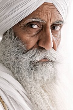 Timeless editorial portrait of a Sikh elder with a long silver beard, deep-set wise eyes, wearing a perfectly tied classic white dastar, Vaisakhi morning light falling gently on his face,
