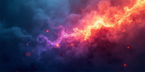 An abstract explosion of red and blue flames merges with white smoke against a dark galaxy sky to create a fractal art texture with a hot fantasy cloud pattern © Alpha Designs
