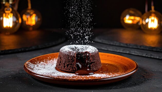 Decadent Chocolate Lava Cake with a Molten Center Being Dusted with Powdered Sugar