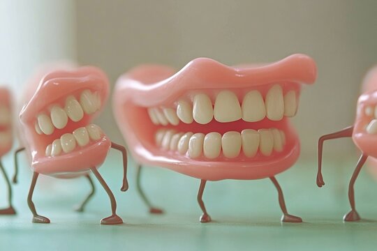Playful wind-up chattering teeth toys in motion