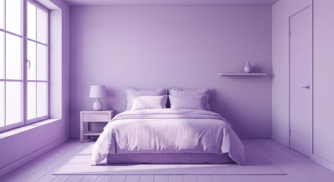 Cozy lavender purple monochrome bedroom interior with large window and morning light